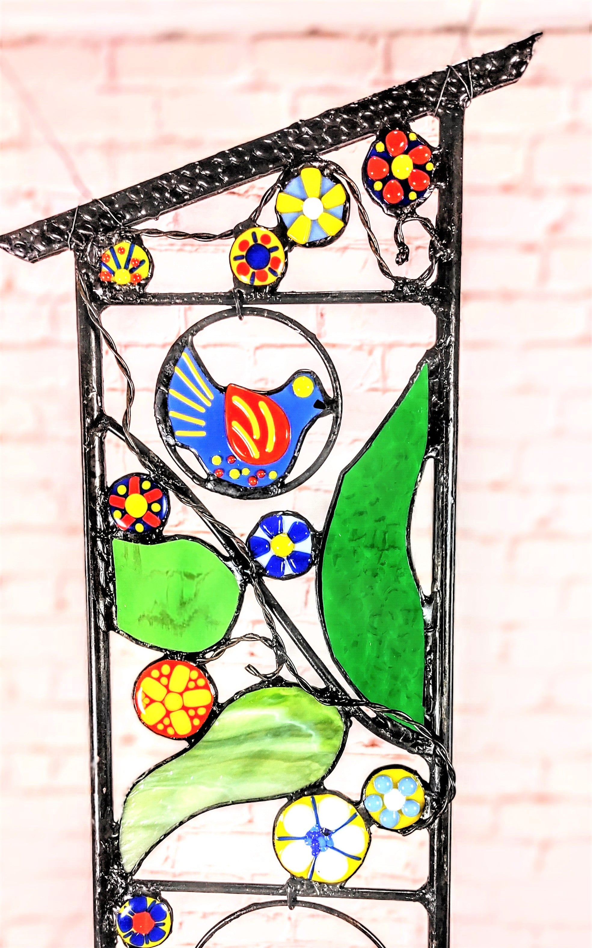 Glass Garden Decoration Tall Stained Glass Yard Stake. &quot;Aviary&quot;