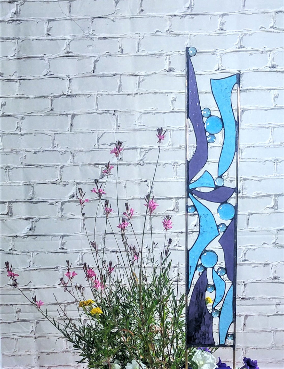 Contemporary Abstract Stained Glass Yard Art in Blue and Purple- &