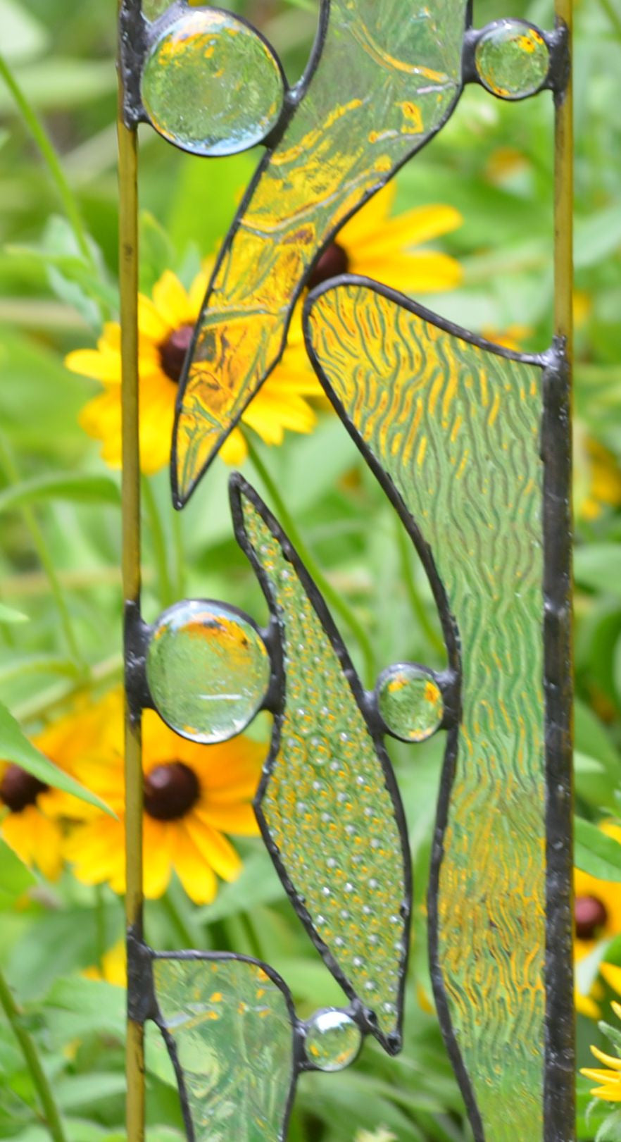 Stained Glass Garden Stake in Textured Clear Iridescent Glass  &