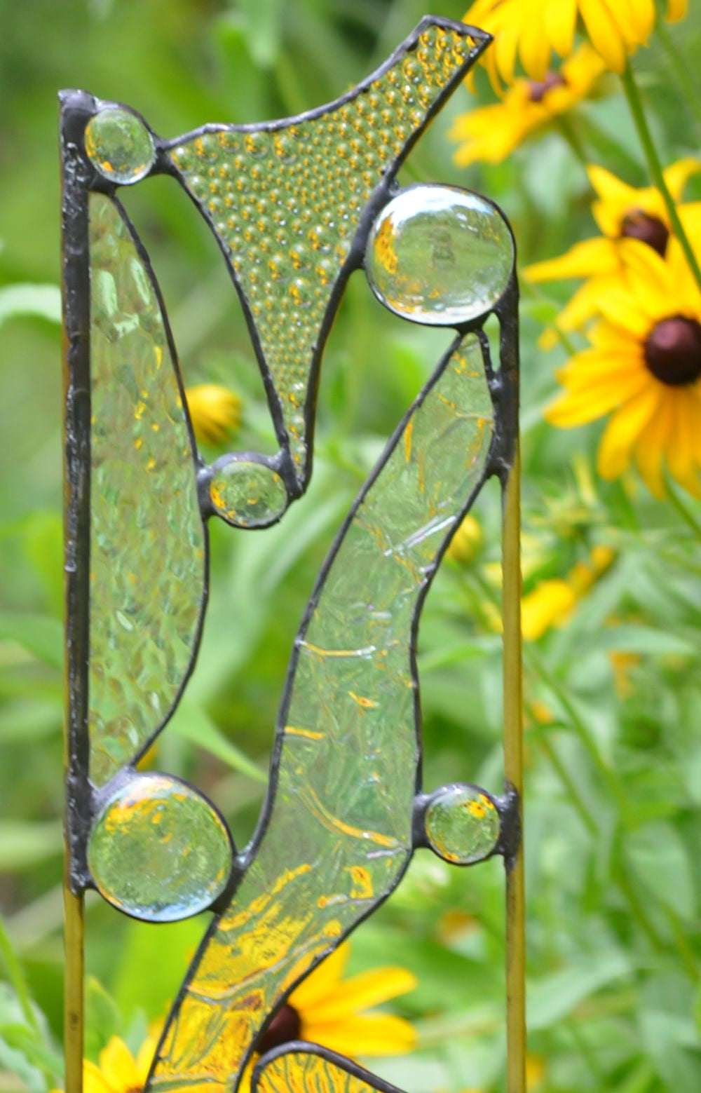 Stained Glass Garden Stake in Textured Clear Iridescent Glass  &