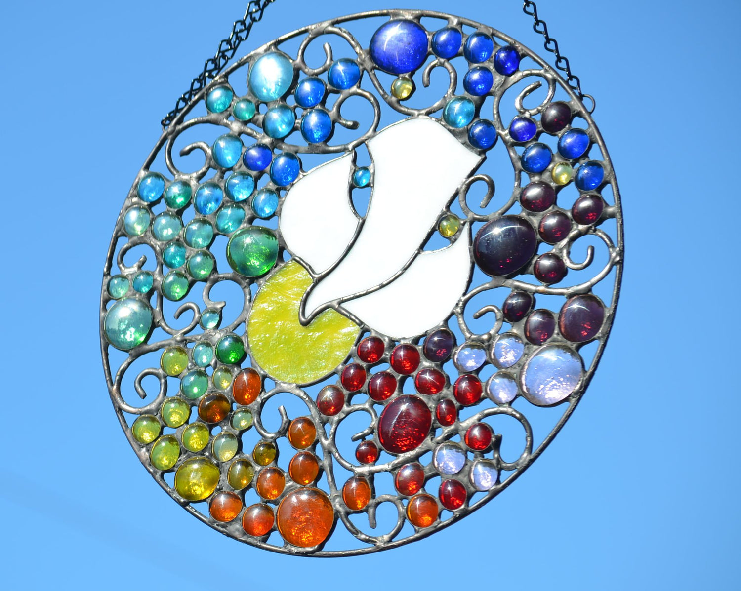 Round Religious Stained Glass Panel of Dove Hanging Glass Art.  &quot;Peace Dove to Earth&quot;