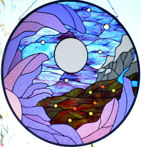 Large Custom Stained Glass Window Hanging in Purples, Blues