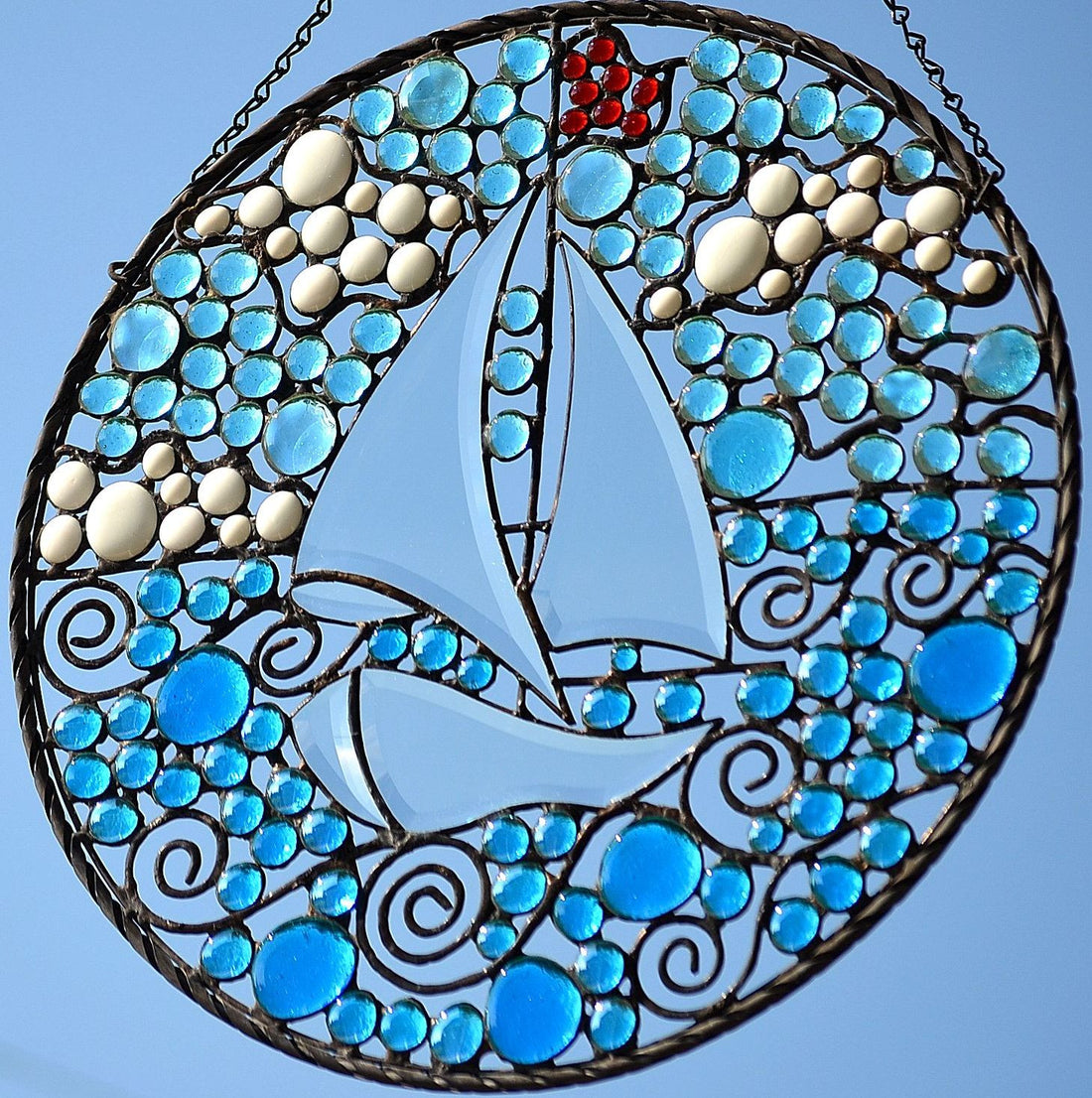 Nautical Stained Glass Panel of Sail Boat. &quot;Sail on By&quot;