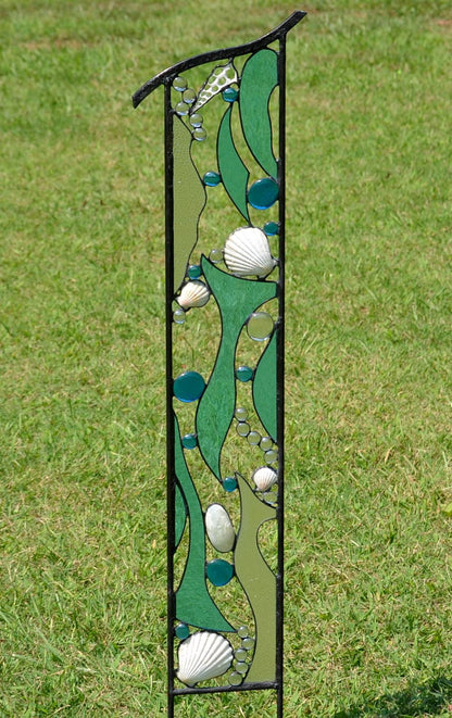 Large Garden Sculpture with Stained Glass and Seashells
