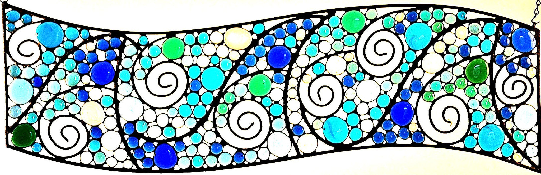 Large Stained Glass Transom.  Metal and Glass Art.  Teal, Blue, Clear, Green Nuggets.  &