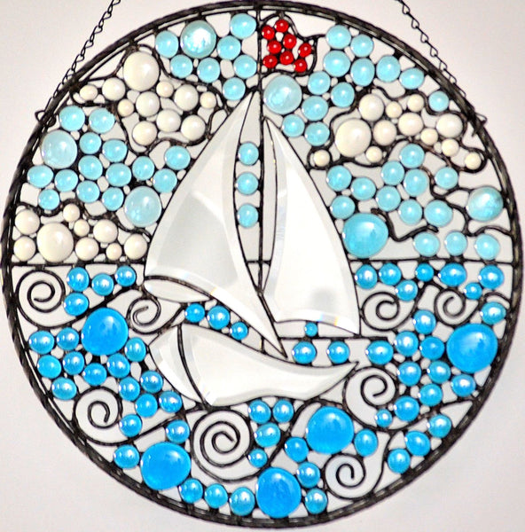 Large Stained Glass Panel in Blue, Red, White and Clear Glass. 'Sail on By'