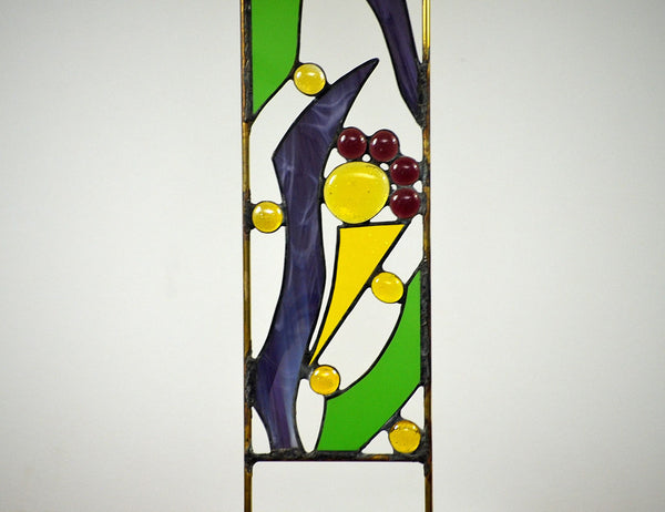 Stained Glass Garden Sculpture in Purple, Yellow, Green Glass - 'Fanciful Flowers'