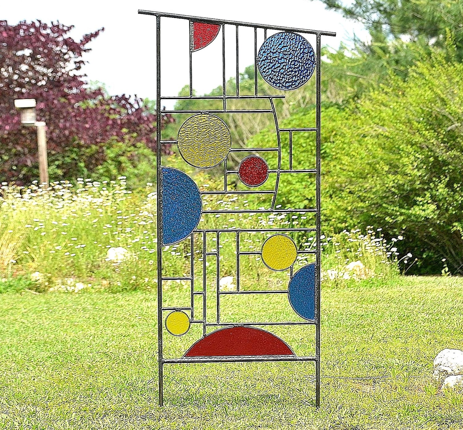 Large Stained Glass Garden Sculpture in Prairie Style with Primary Colors -&