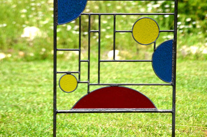 Large Stained Glass Garden Sculpture in Prairie Style with Primary Colors -&