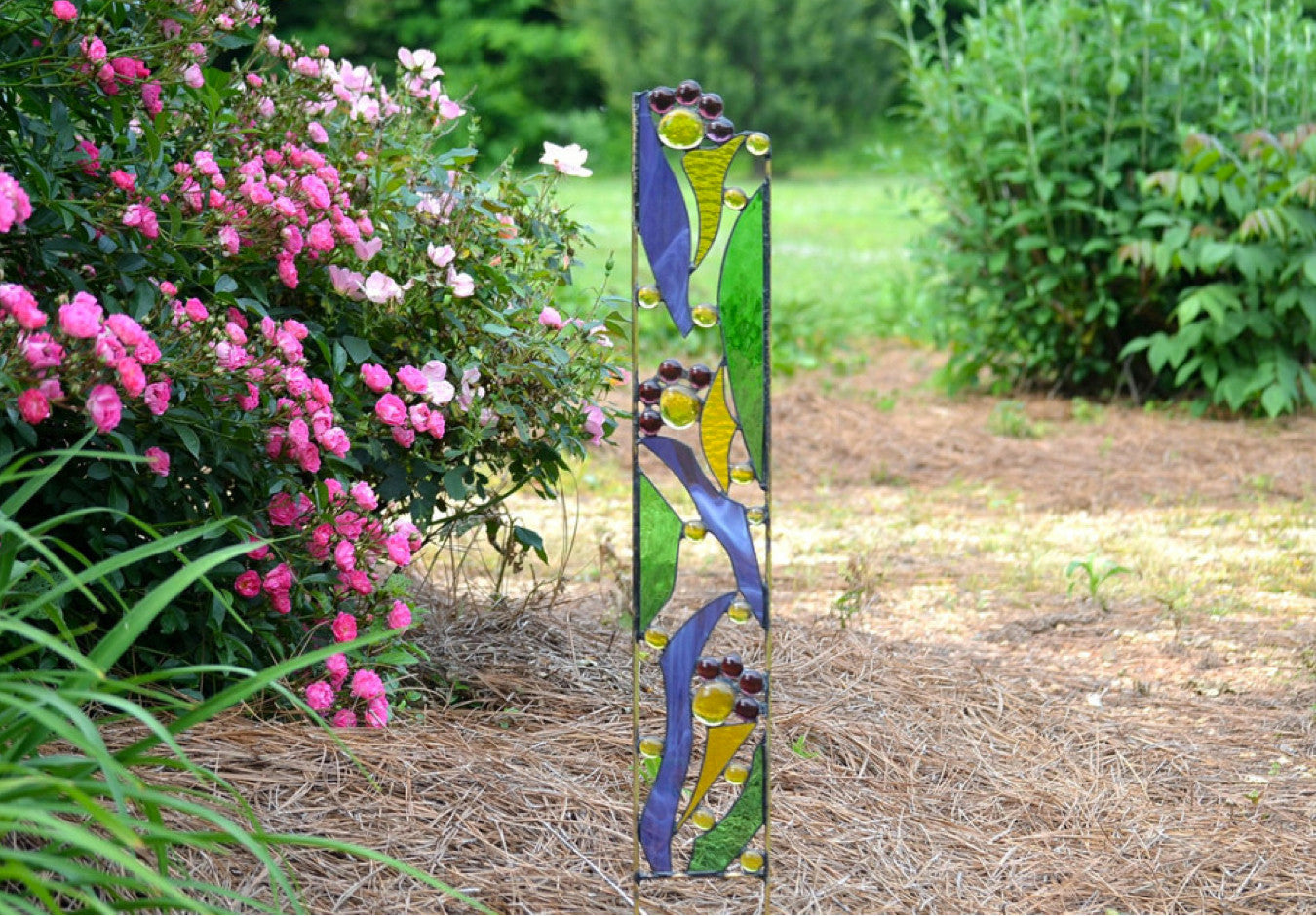 Stained Glass Garden Sculpture in Purple, Yellow, Green