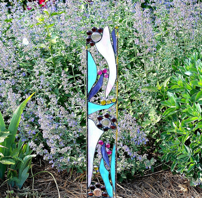 Abstract Stained Glass Garden Stake for Garden Decoration. &quot;Heirloom Flowers&quot;