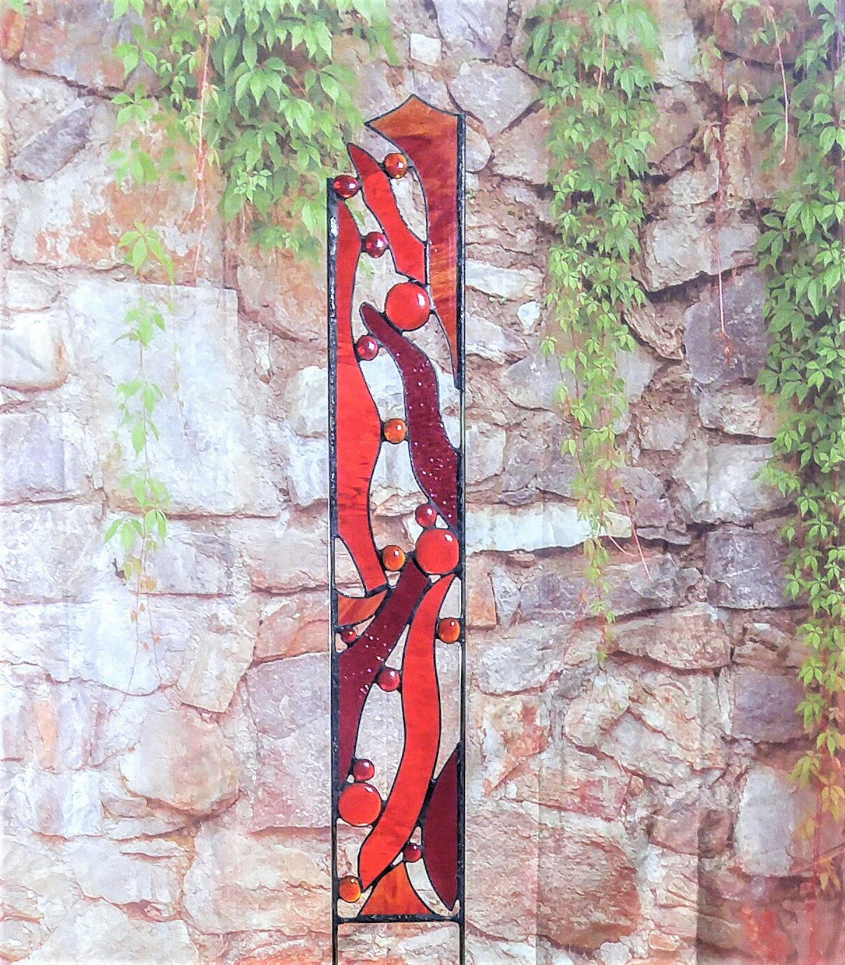 Garden Stake in Sizzling Red and Orange Stained Glass -&