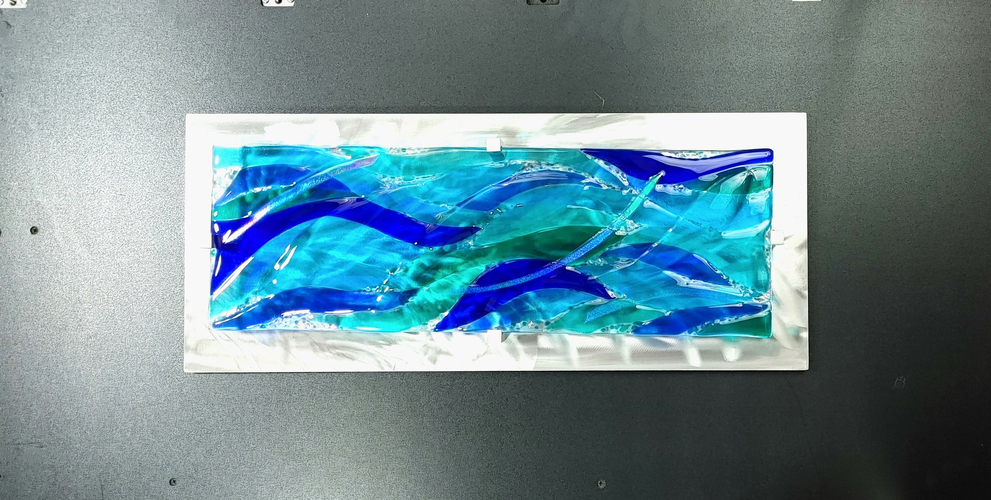 Metal and Glass Art Panel Fused Ocean Themed Stained Fused Glass. &quot;Water Ways&quot;
