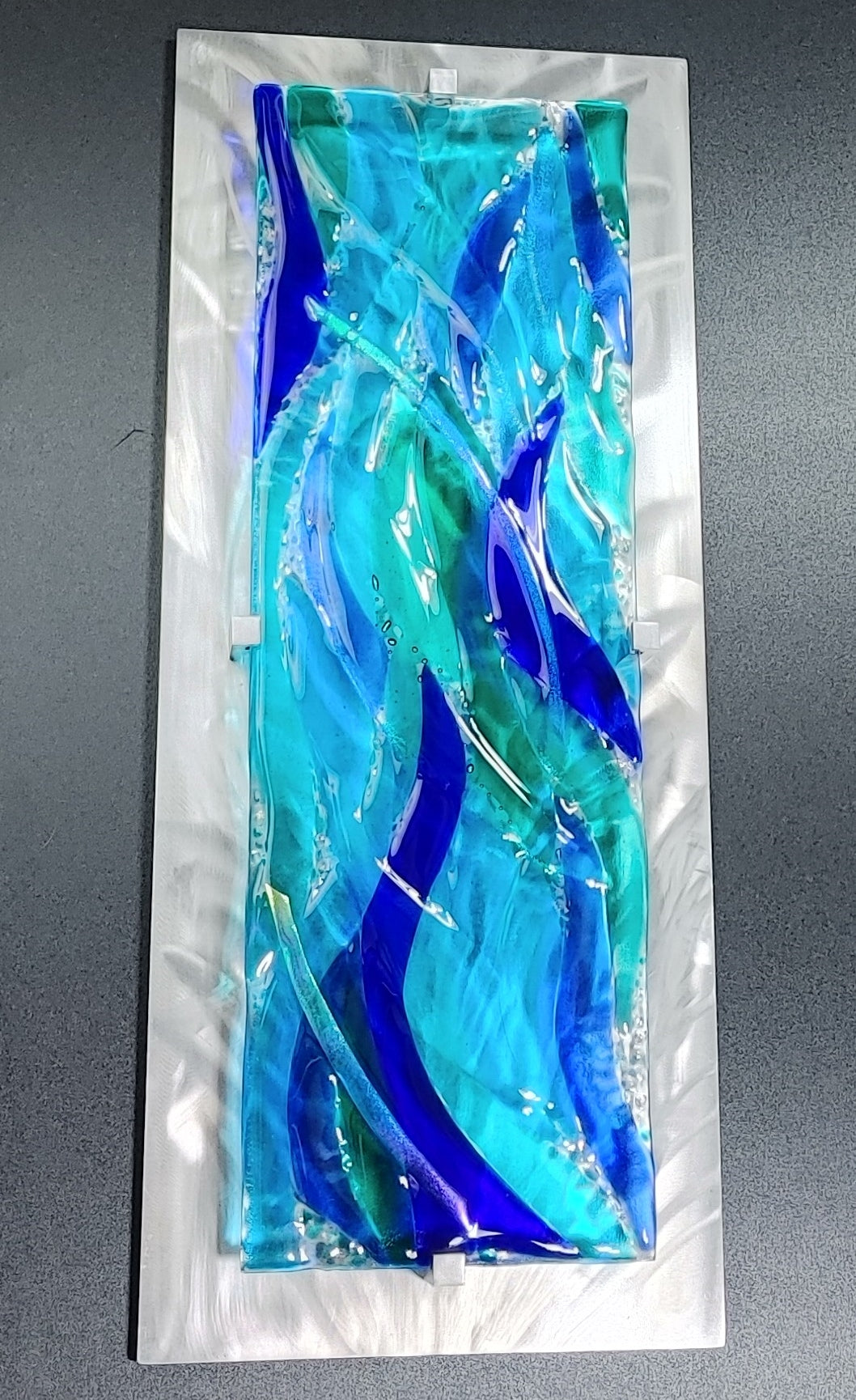 Metal and Glass Art Panel Fused Ocean Themed Stained Fused Glass. &quot;Water Ways&quot;