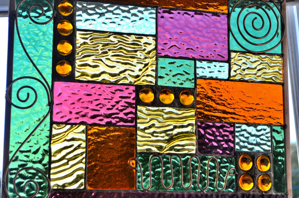 Stained Glass Window Design with Copper Accents and Fall Colors.  'Coppery Fall 2'