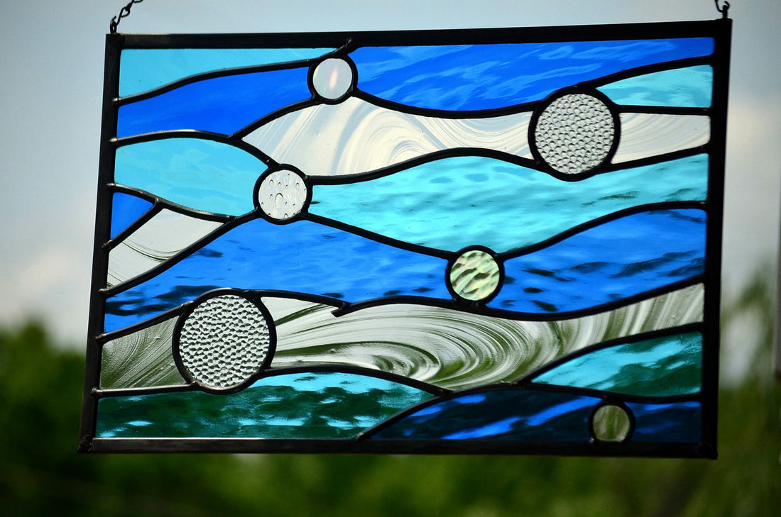 Leaded Stained Glass Panel is Ocean Themed Stained Glass Art. "Currents"