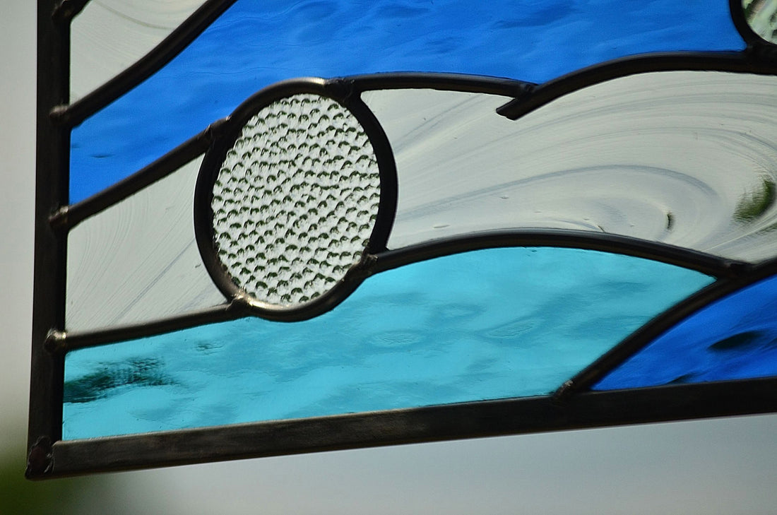 Leaded Stained Glass Panel is Ocean Themed Stained Glass Art. &quot;Currents&quot;