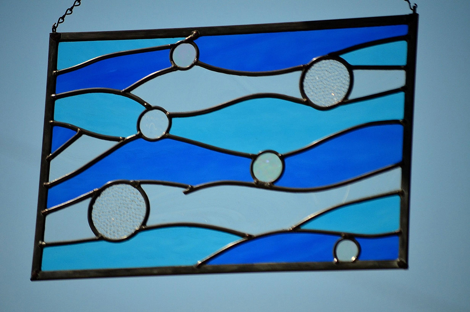 Leaded Stained Glass Panel is Ocean Themed Stained Glass Art. &quot;Currents&quot;