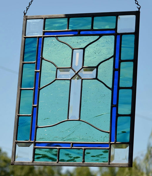 Religious Stained Glass Art - Beveled Cross Window